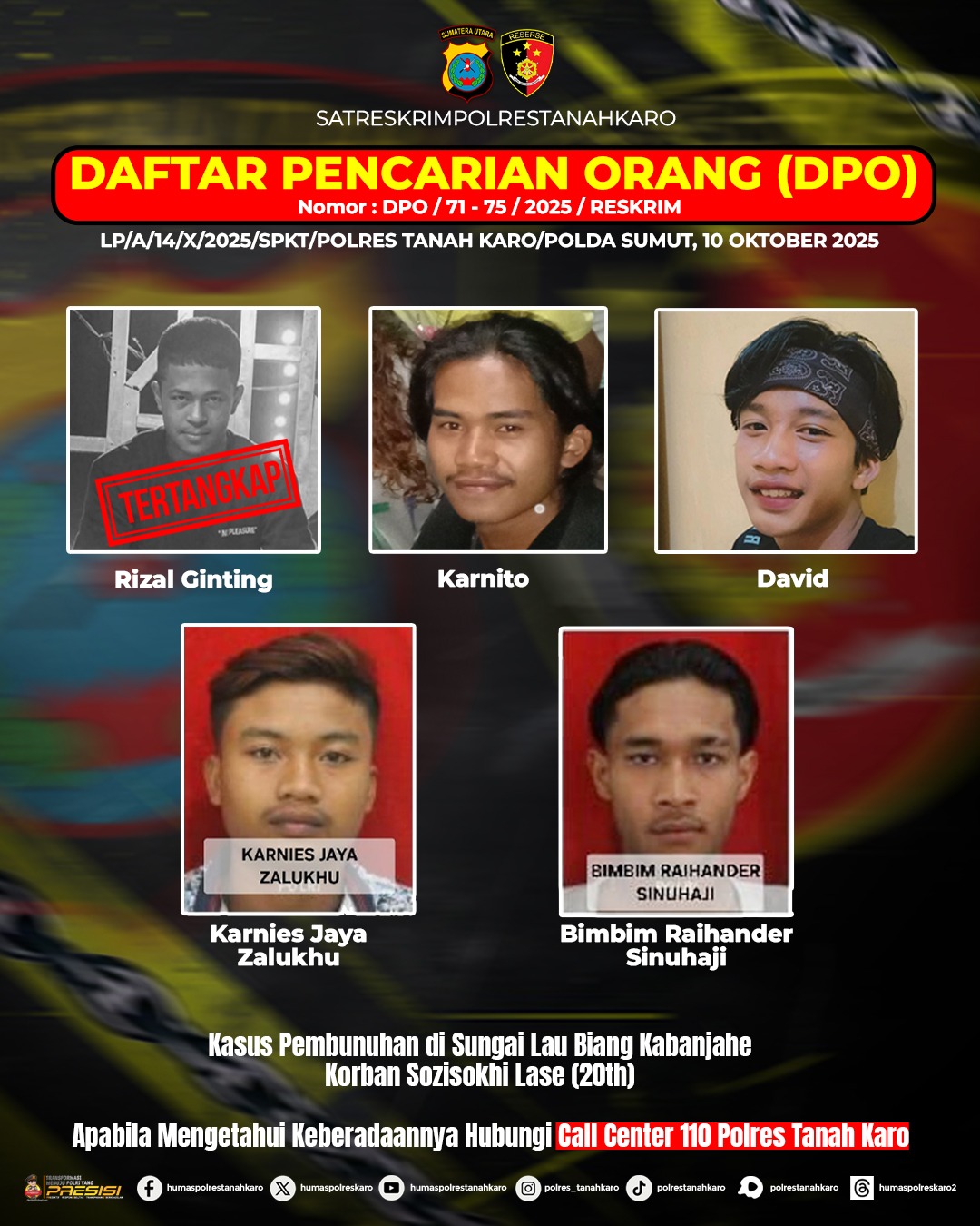 Polres Tanah Karo Terbitkan DPO Lima Terduga Pelaku Pembunuhan, Satu Tersangka Berhasil Ditangkap Berkat Informasi Masyarakat